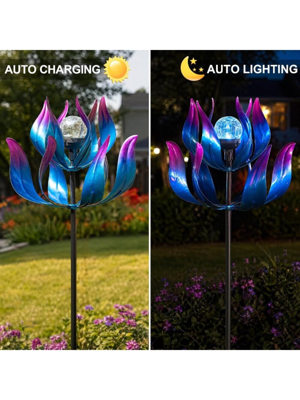 61'' Solar Wind Spinner - Large Metal Kinetic Garden Art with LED Crackle Globe - Picture 3 of 9